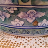 Lidded pot, Chinese ceramic urn celt decoration, blue and lilac