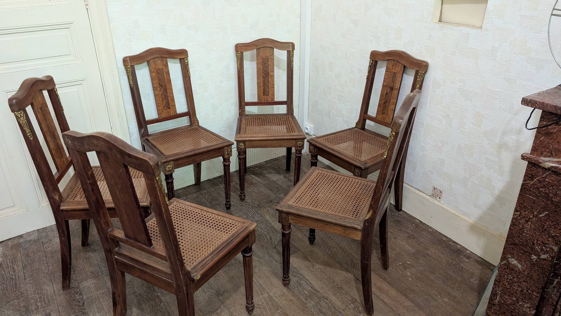 Set of 6 Louis XVI chairs in marquetry wood and caning.
