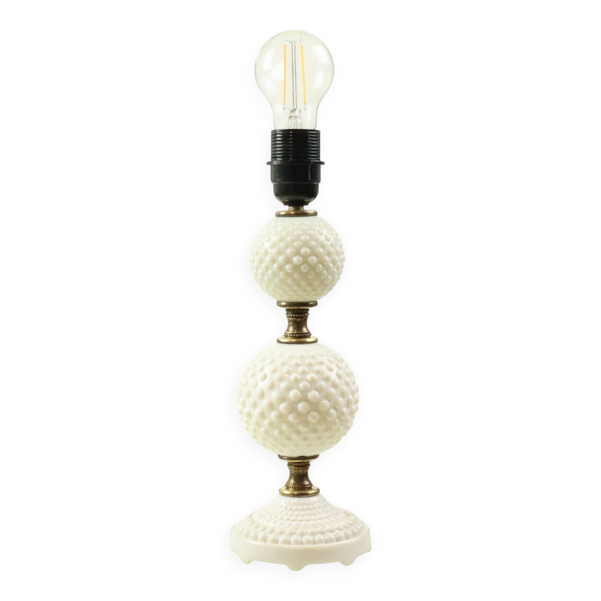 Vintage Table Lamp Frosted Milk Glass Brass Hobnail 1970s