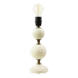 Vintage Table Lamp Frosted Milk Glass Brass Hobnail 1970s
