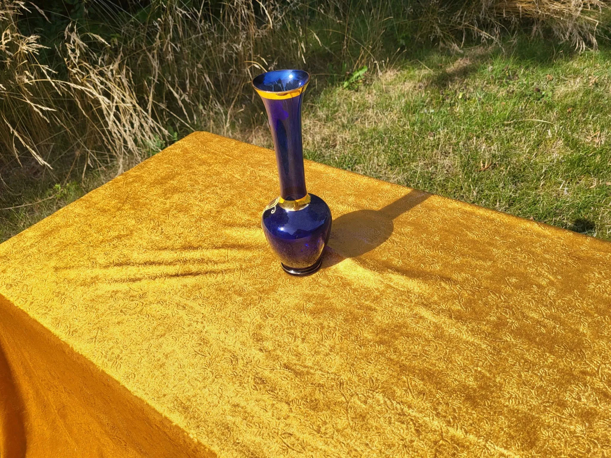 Vintage Bohemian Cobalt Blue Glass Bud Vase | 24K Gold Gilt & Hand-Painted