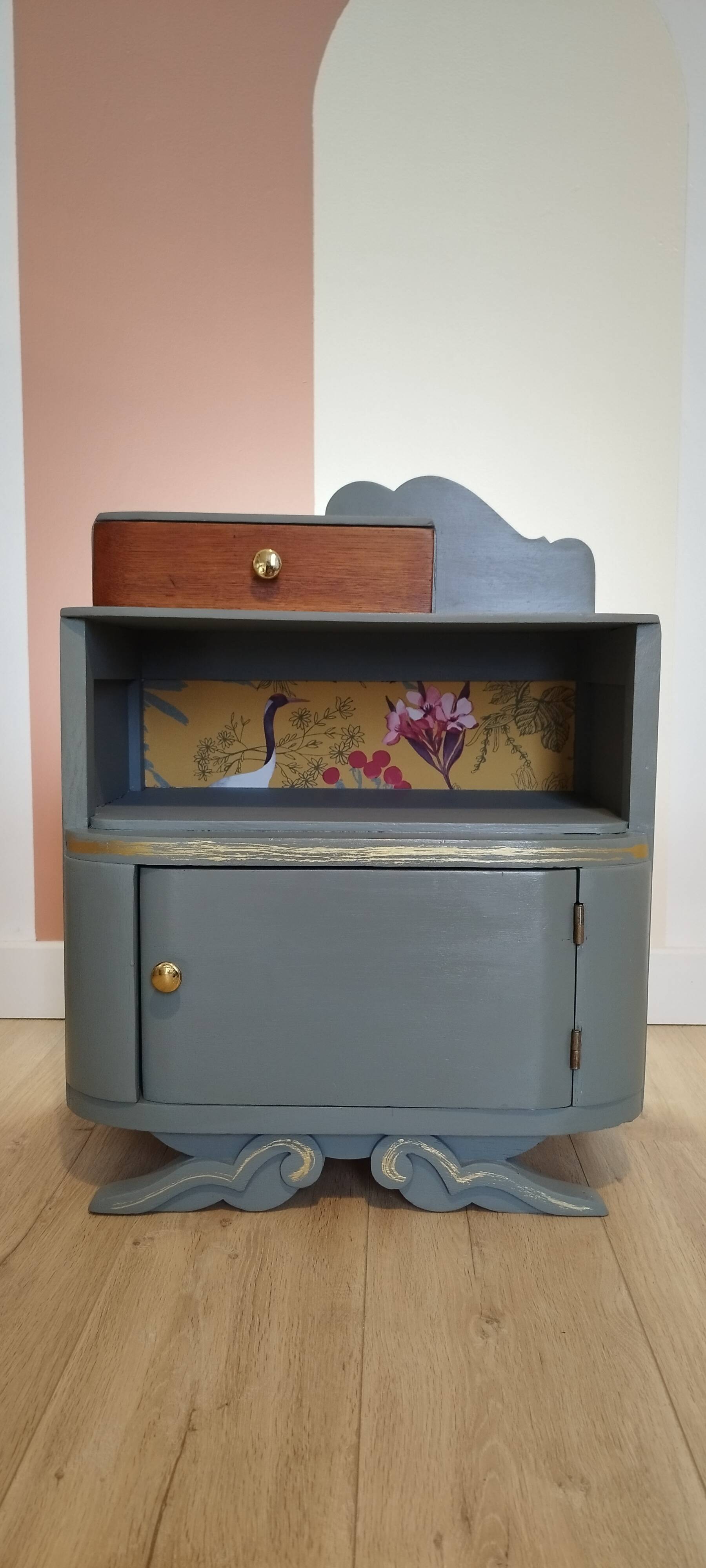 Art deco style bedside table - asymmetrical mustache foot