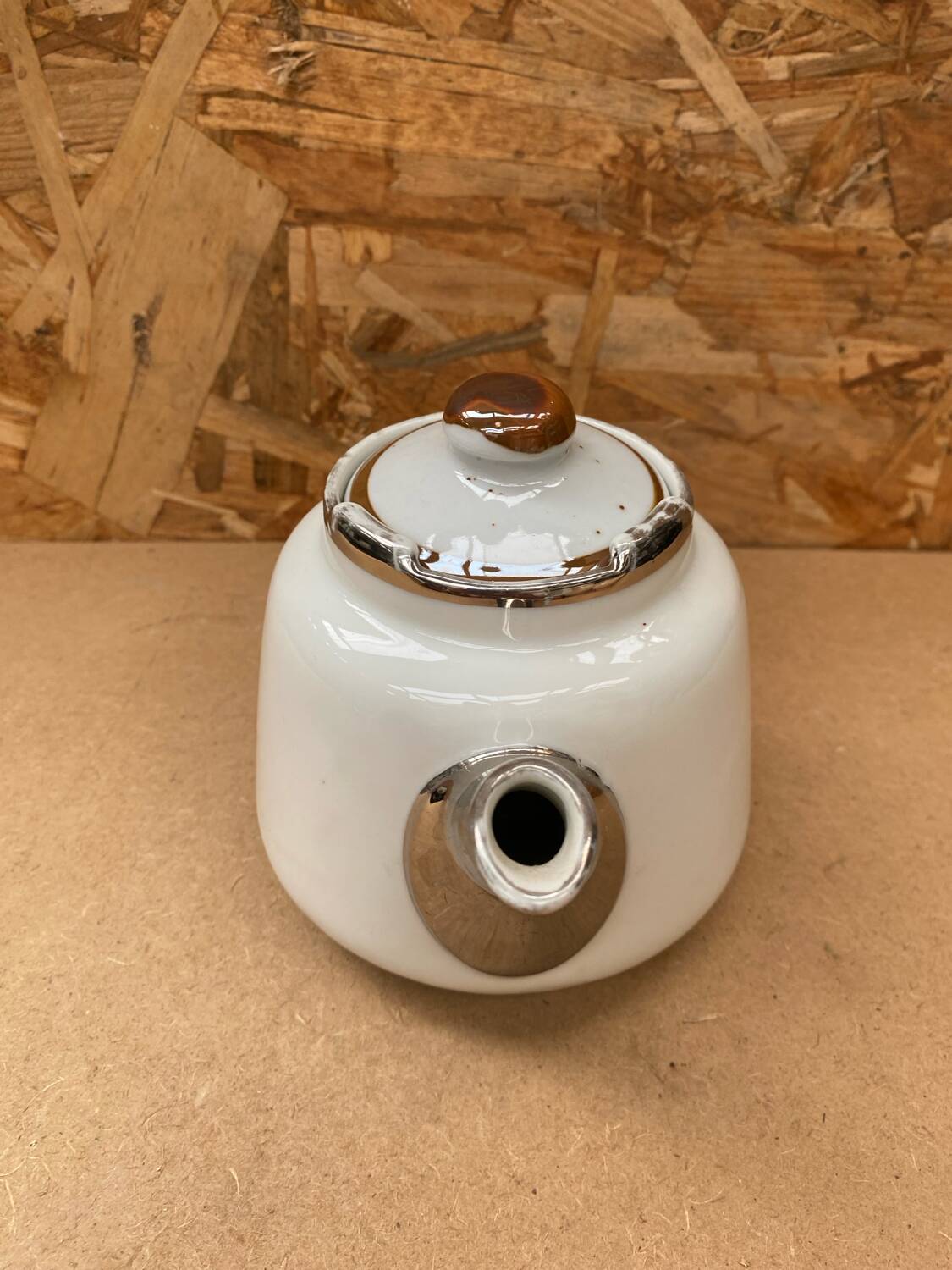 Antique aluminite teapot frugier white & silver ceramic vintage