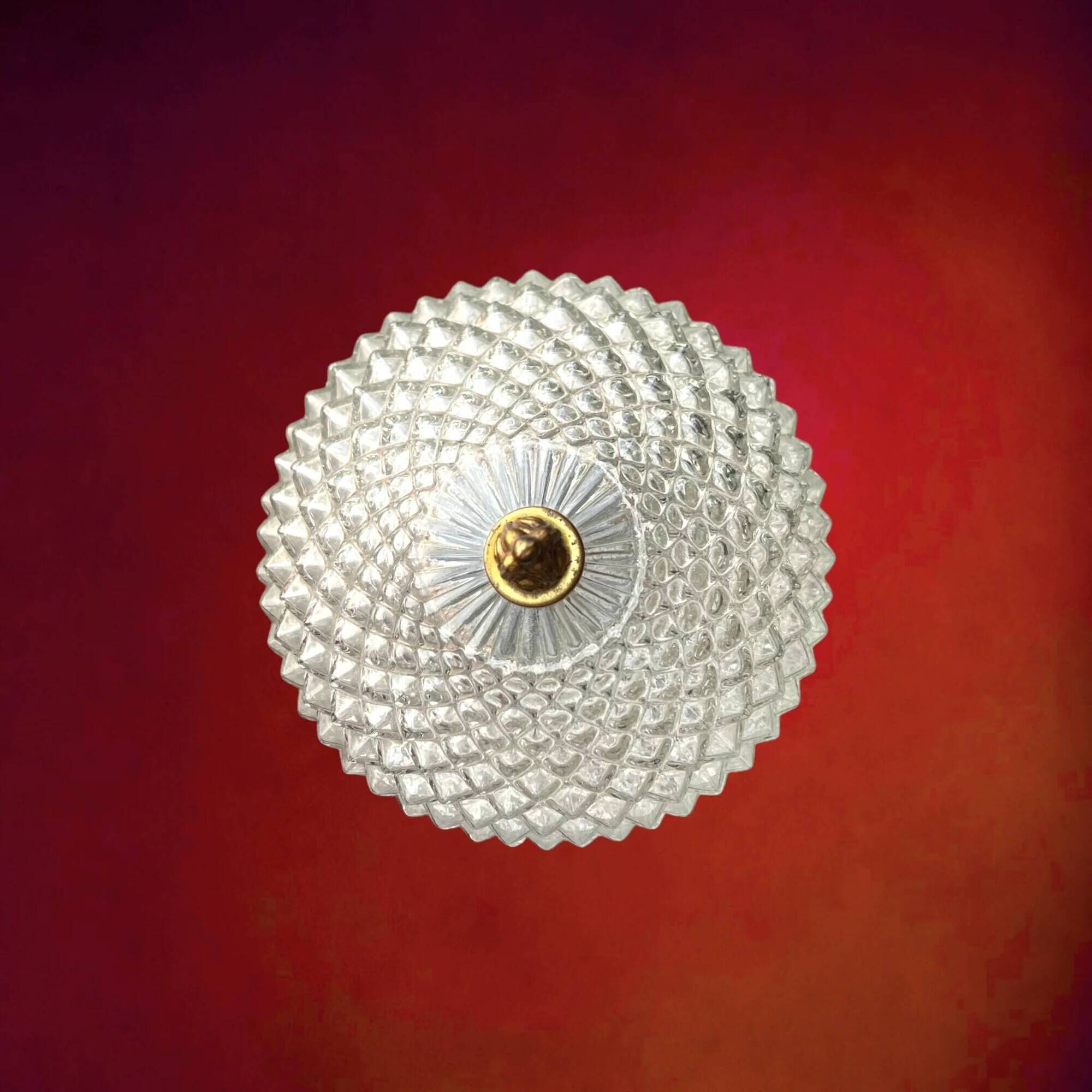 Pair of Massive Belgium ceiling lights in pressed glass and gold metal – late 1960s