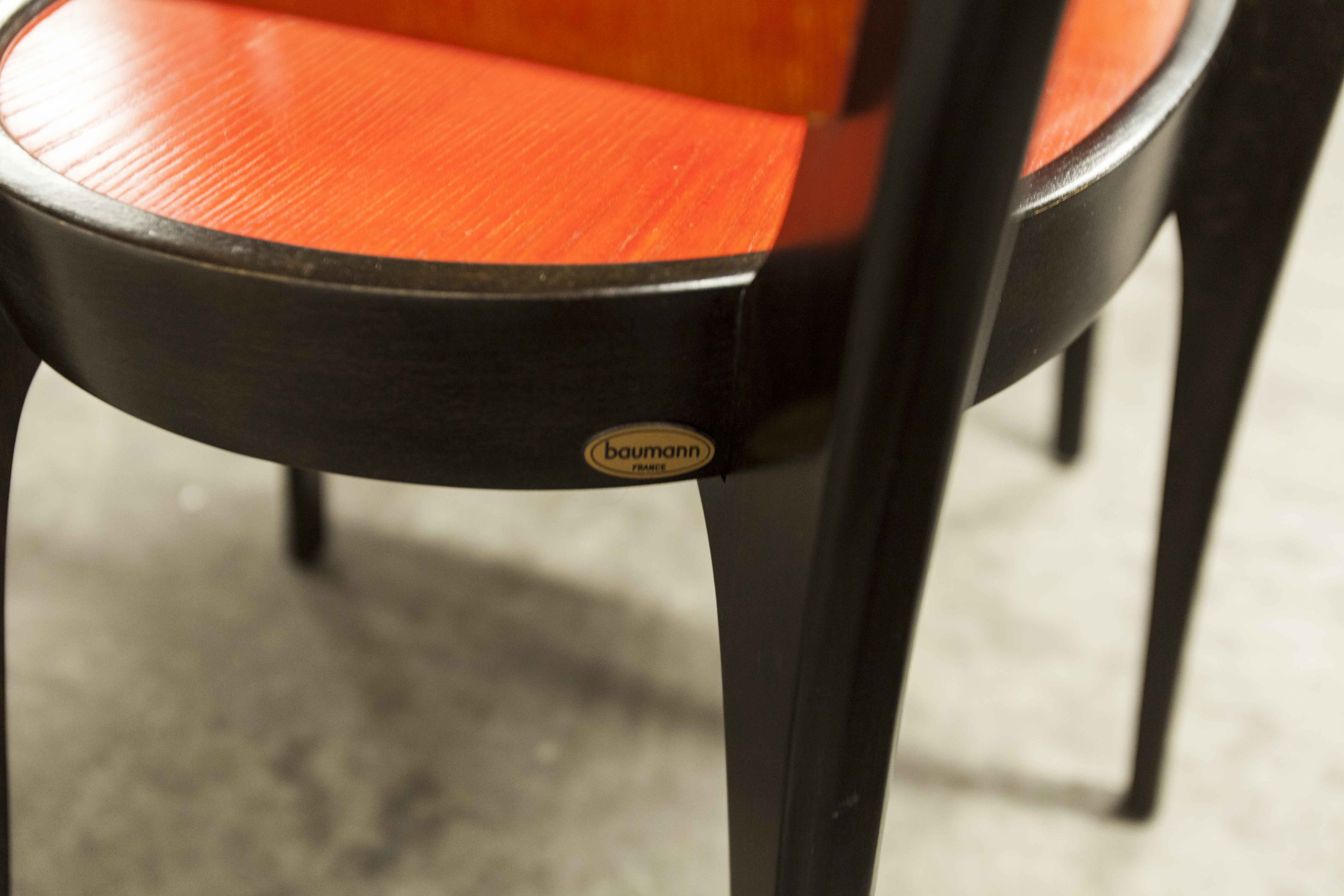 Table and 6 armchairs Baumann Diese, design Pagnon Pelhaître, Wenge color and red,