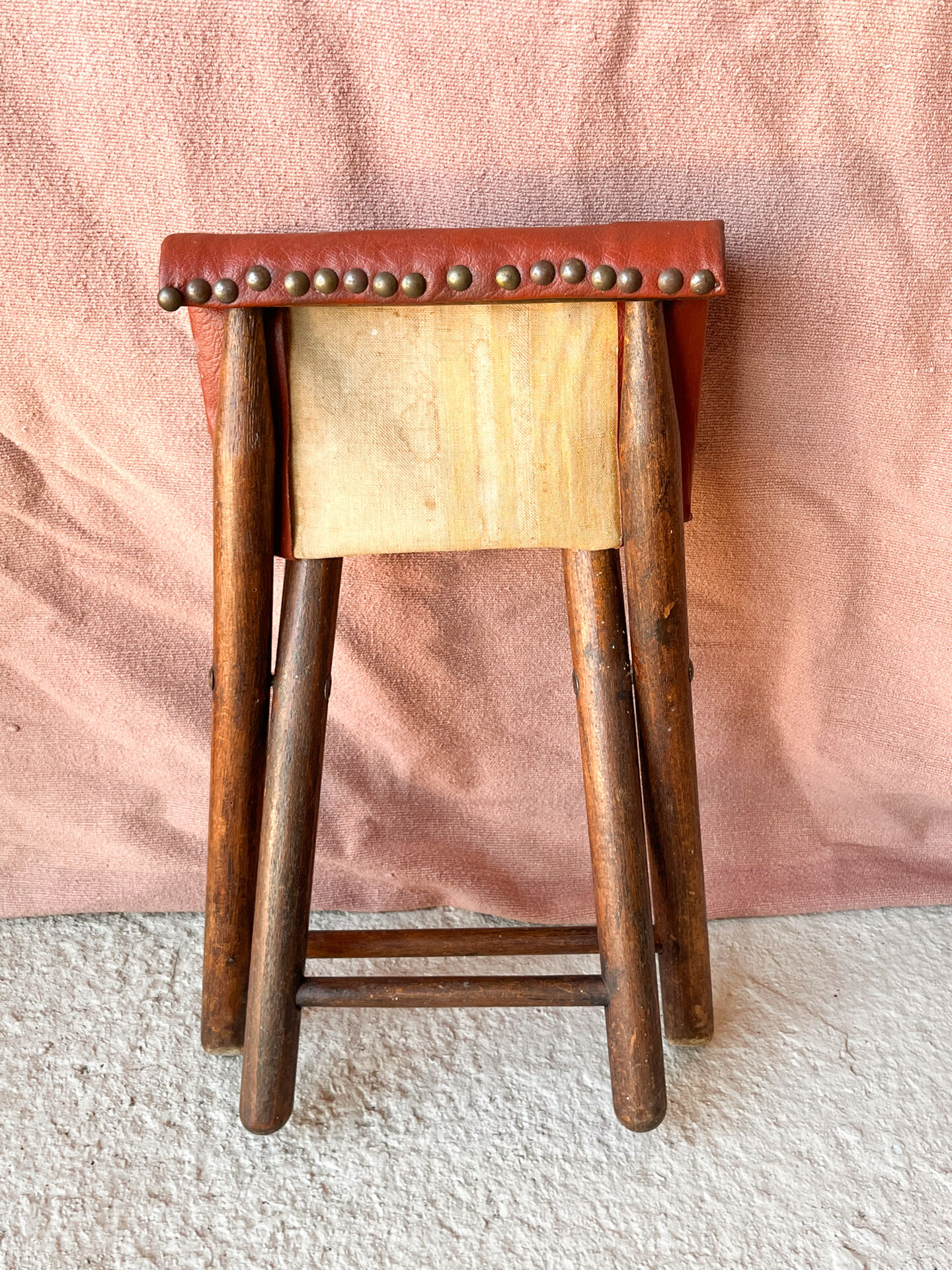 Vintage folding stool Leather & Wood Curule style