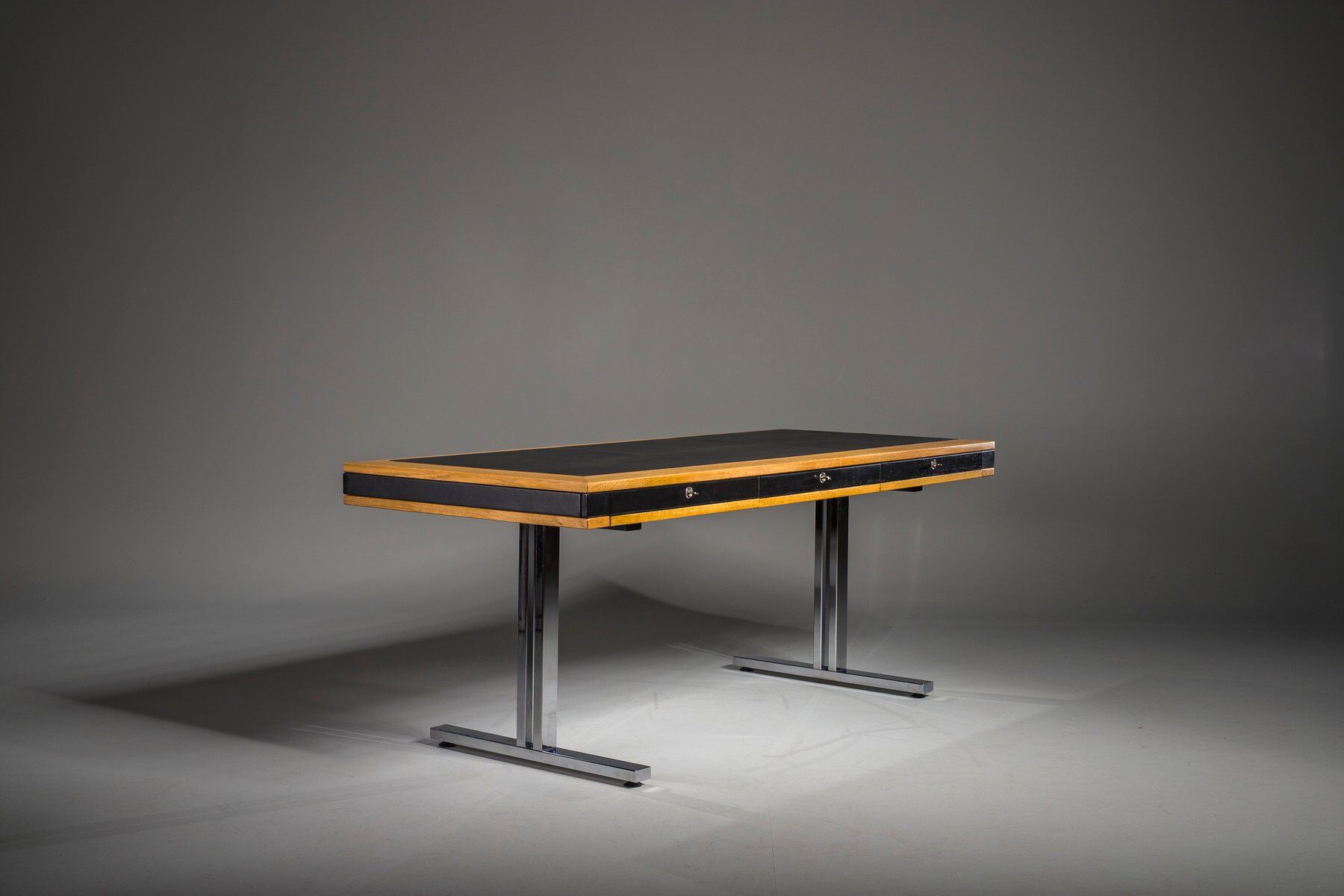 Mid-century modern oak and chrome desk with leather top, 1980s