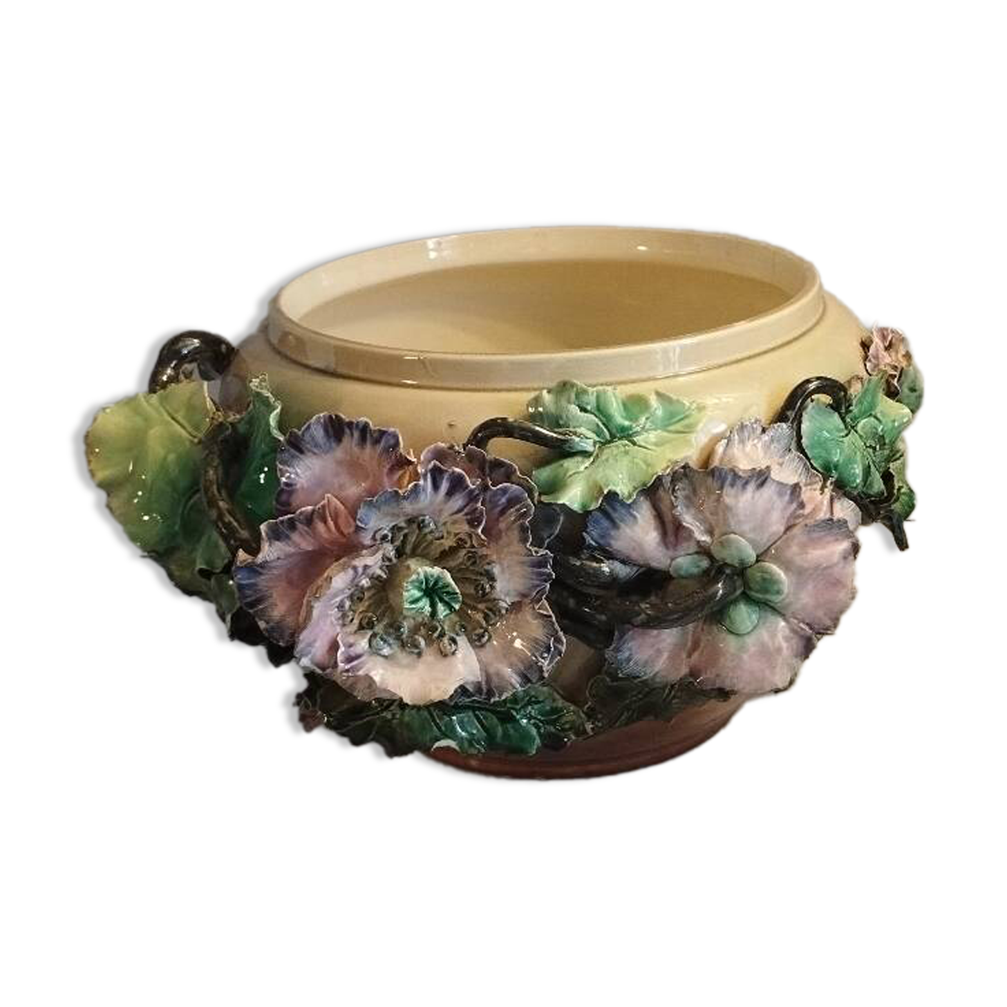 Grand Cache-pot Barbotine Art Nouveau - Décor Pavots Polychrome