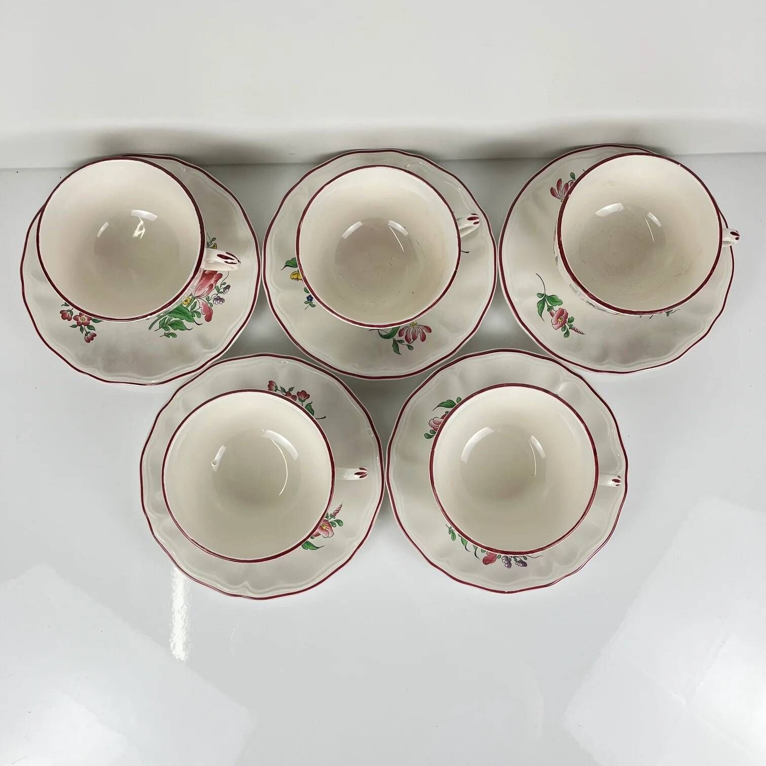 Set of 5 large cups with saucers, Réverbère model by KG Lunéville.