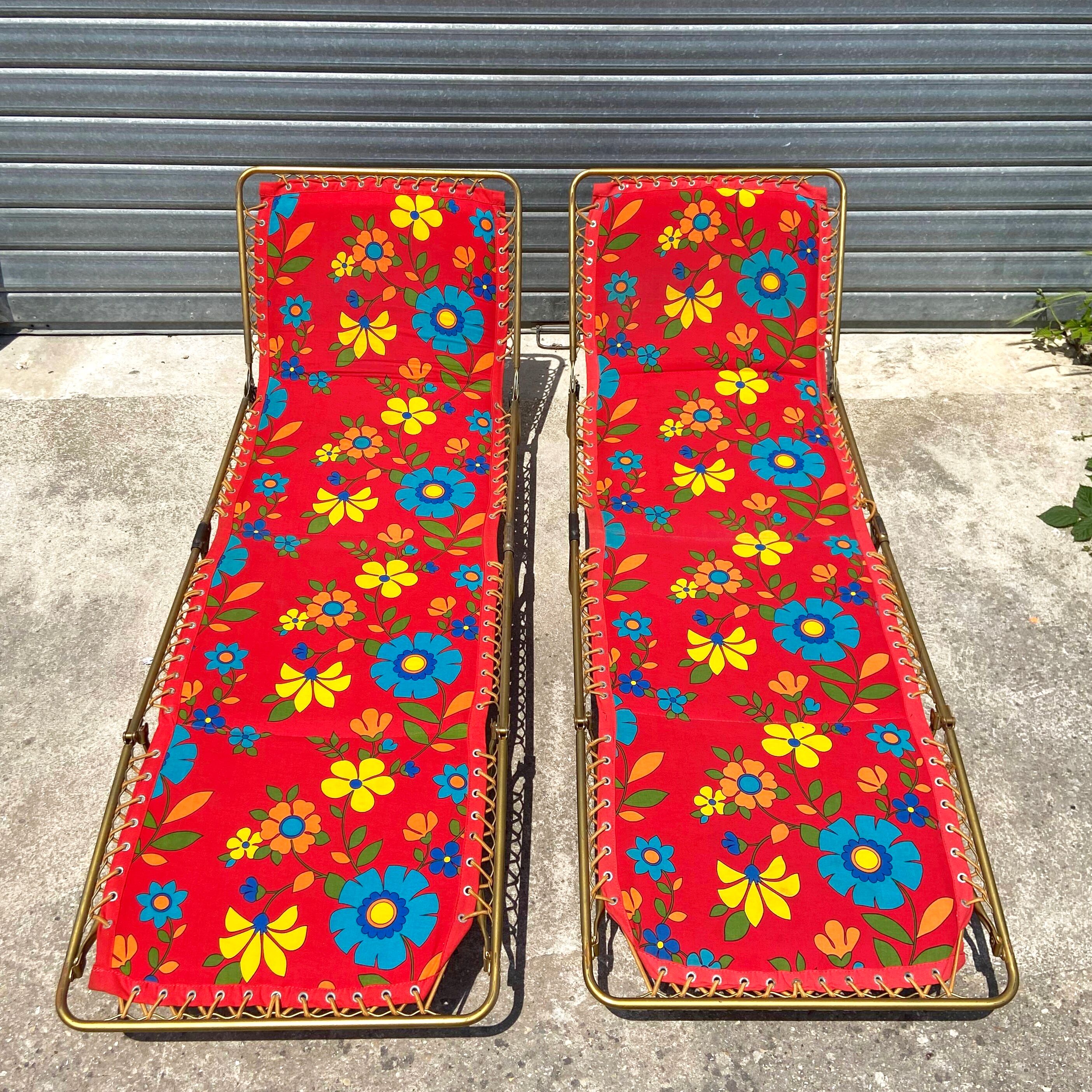 Transat chaise longue lafuma camping vintage fleur 1970