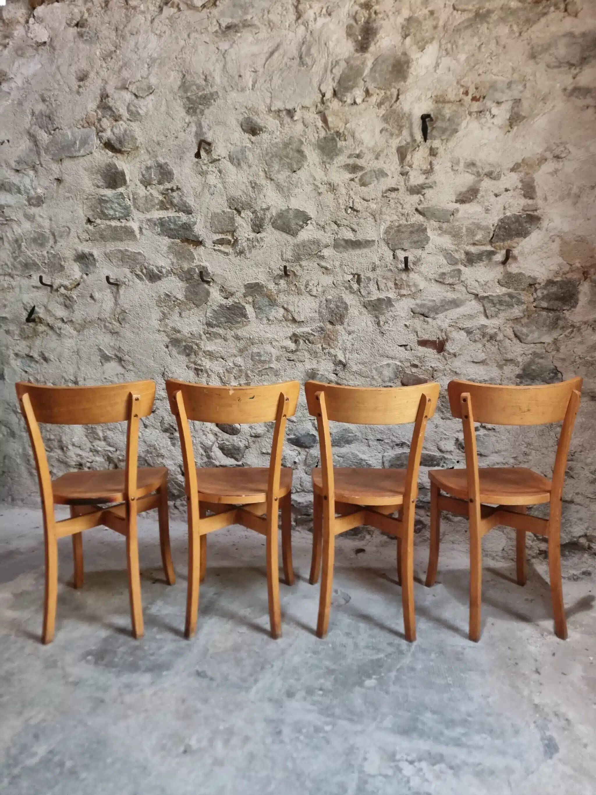 Set of 4 French bistro chairs, beech and plywood, 1960s, mid-century dining chairs.