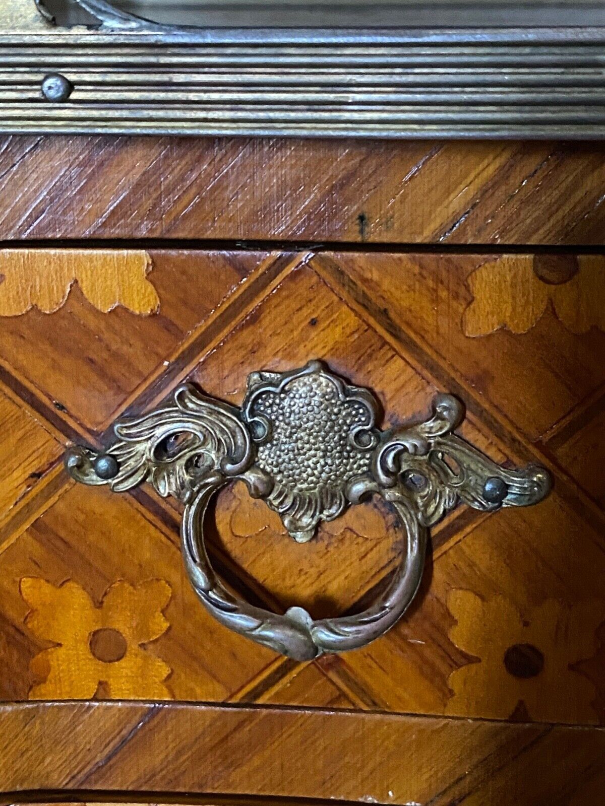 Pair of bedside tables Louis XV style marquetry with shamrocks and XXth bronze