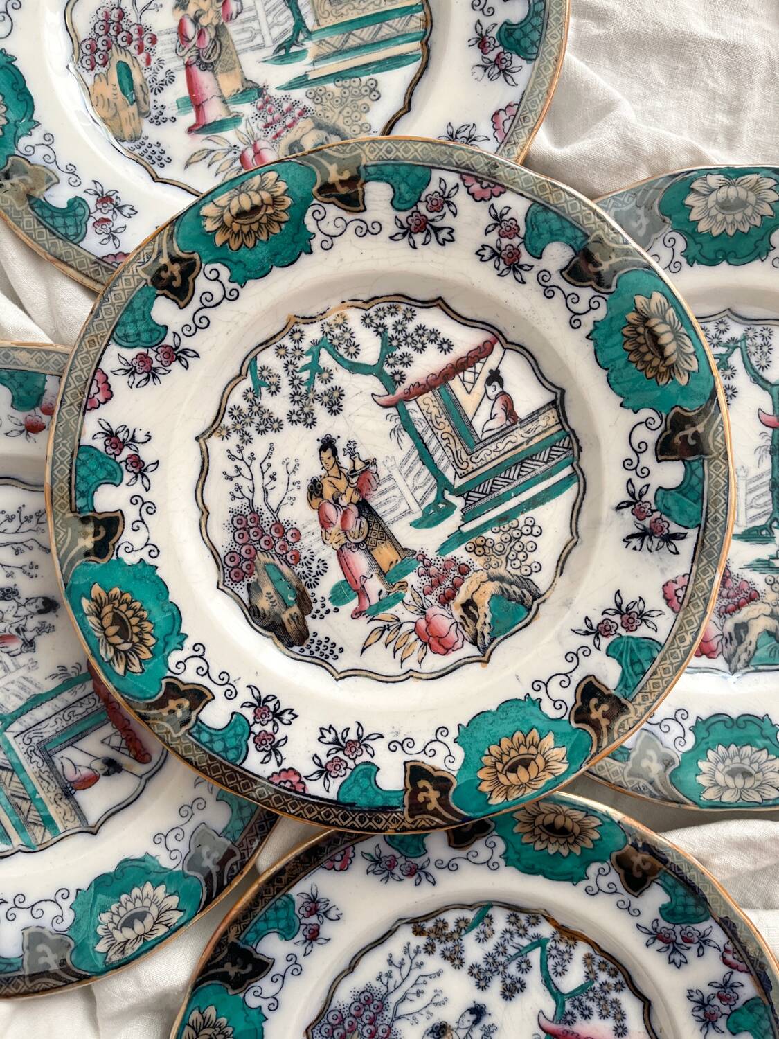 8 polychrome ironstone dessert plates "Canton" Boch Freres Keramis