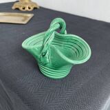 Vintage, woven basket, green, glazed earthenware, grooves, stylized, décor, French decoration, Fran