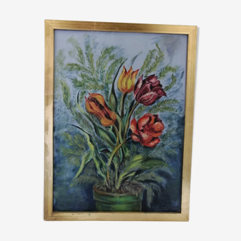 Nature morte "Les 4 tulipes" huile sur toile datée et signée