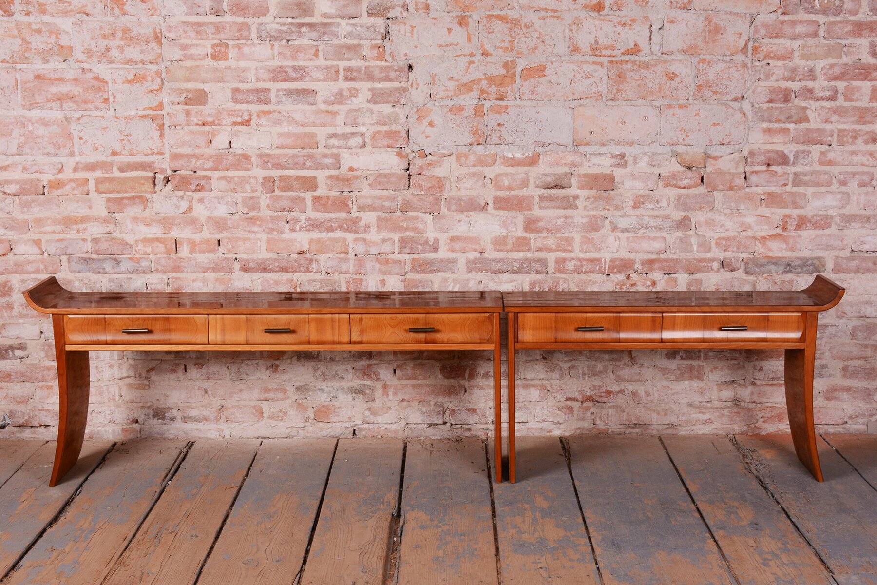 Console Tables in Walnut and Cherry, Czech, 1920s, Set of 2