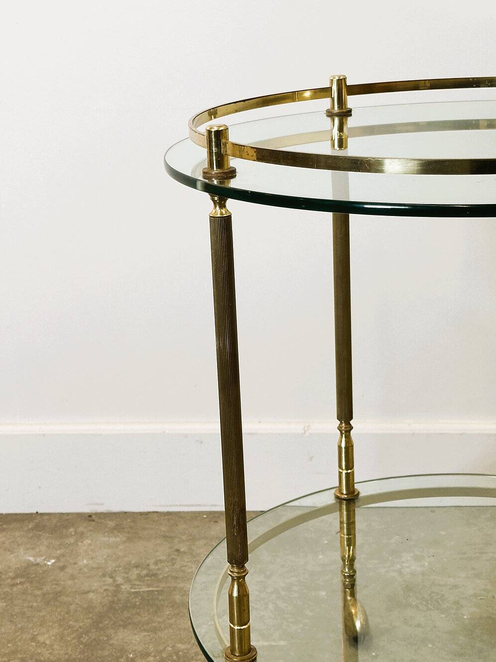 1970s mid-century modern Italian brass and glass round bar cart, Italy.