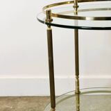 1970s mid-century modern Italian brass and glass round bar cart, Italy.