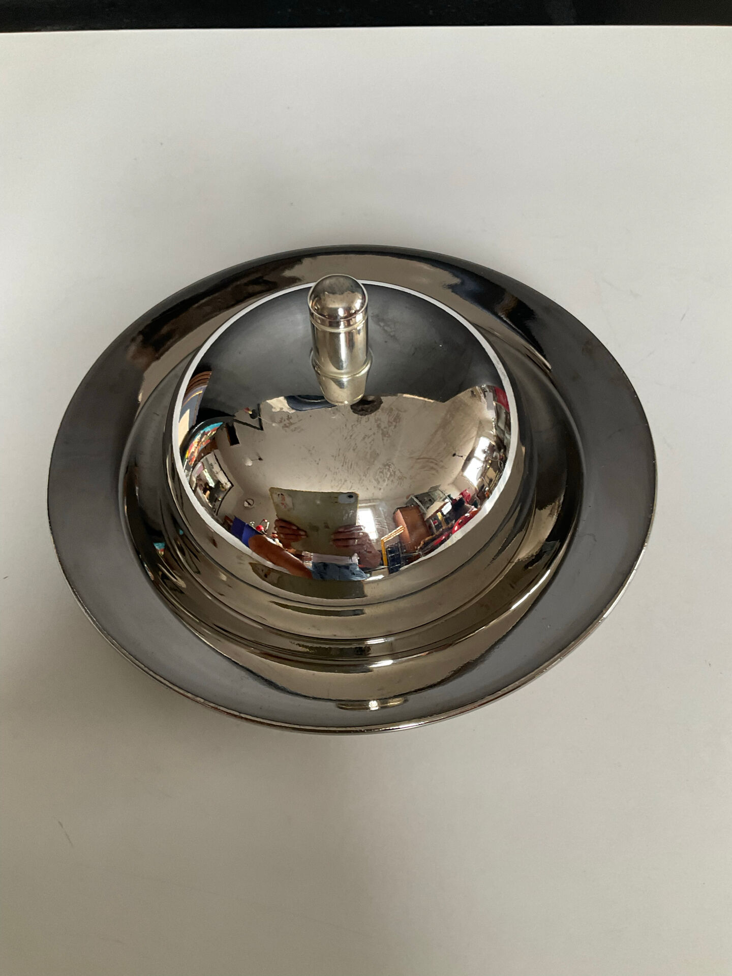 Vintage stainless steel and ceramic bell butter dish