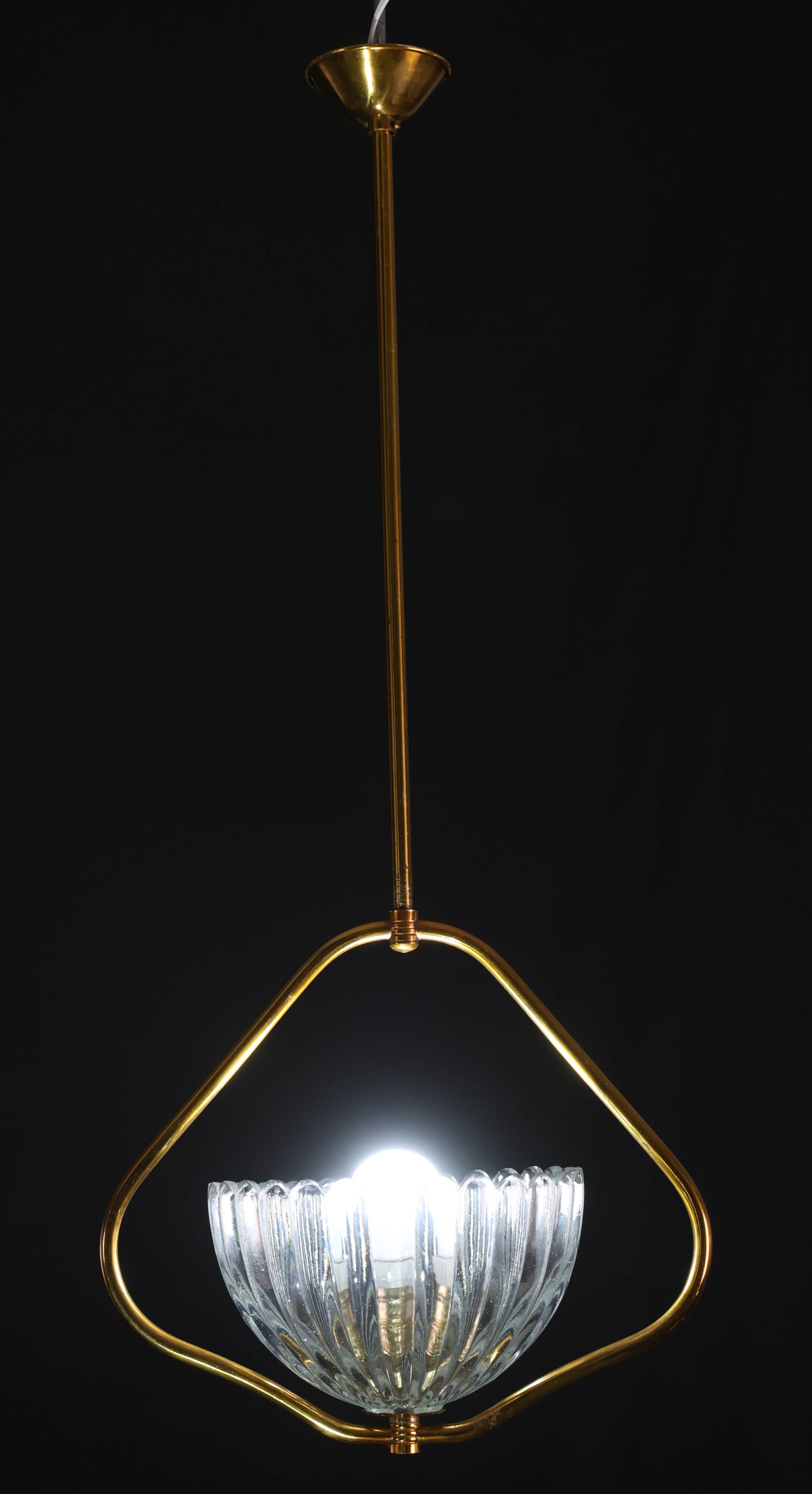 Art Decò Barovier e Toso Murano Glass and Brass Pendant Light, 1950