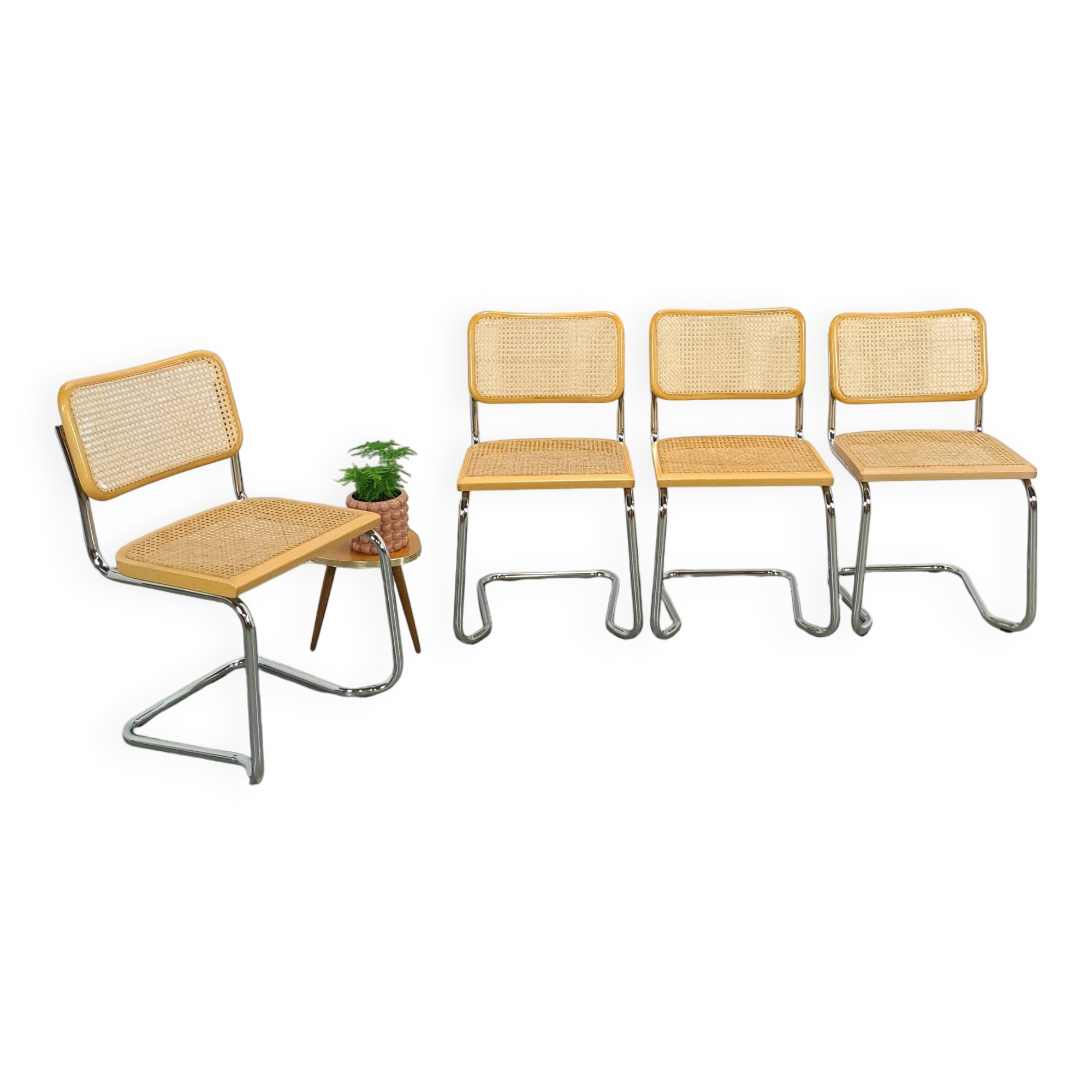 Italiaanse webbing set stoelen met chromen buisframe