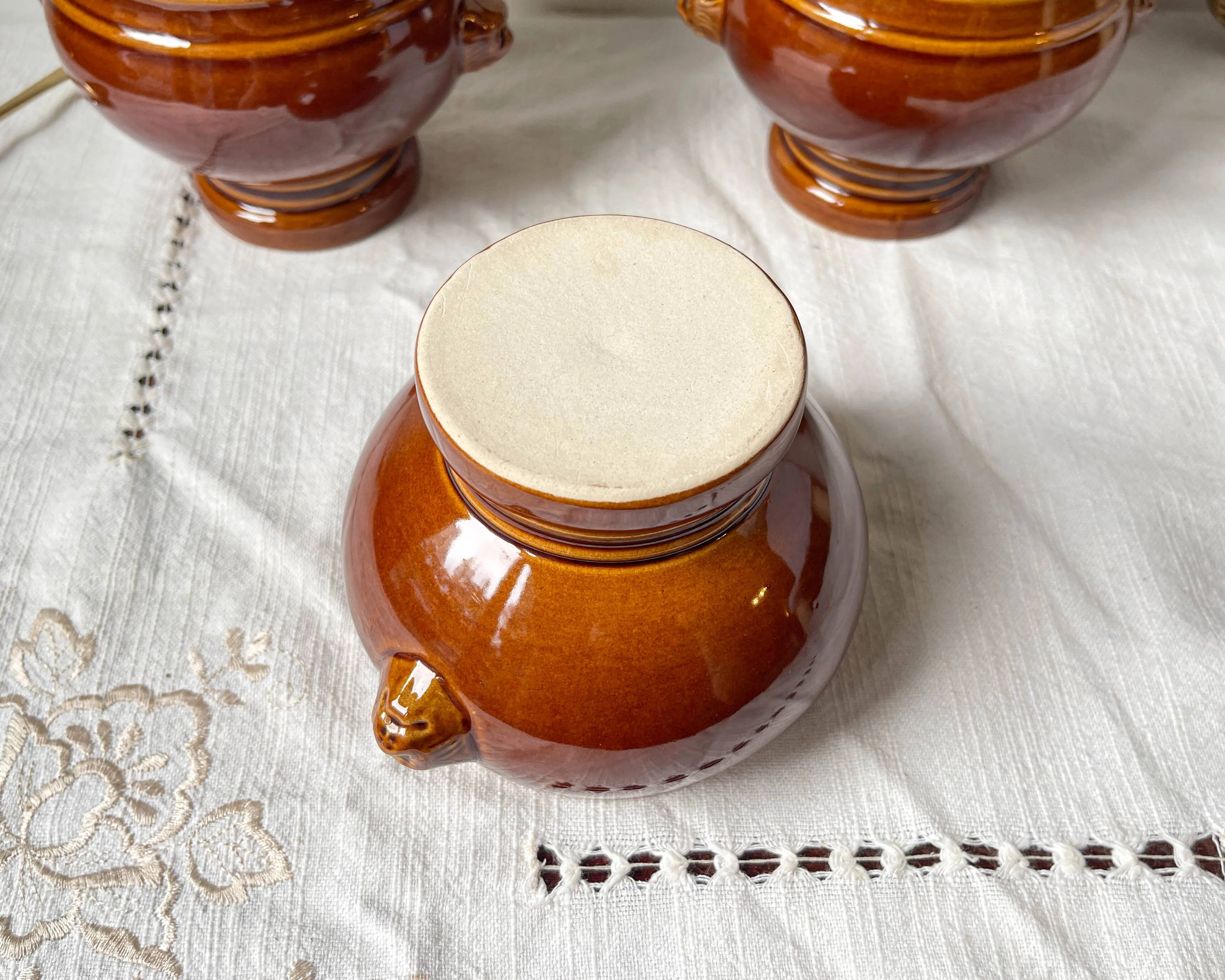 6 lion head bowls in ceramic, vintage brown style Emile Henry, made in France.
