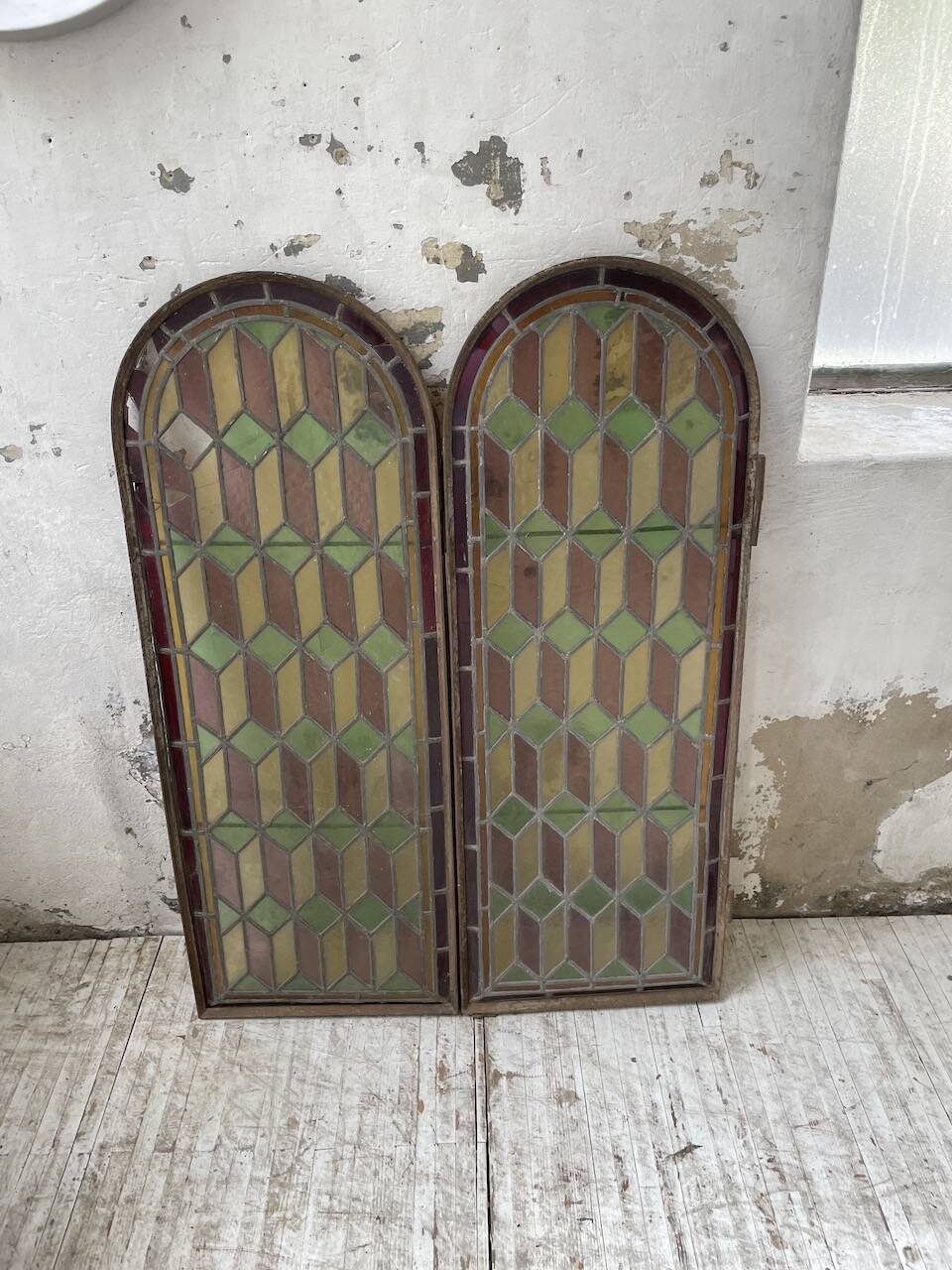 Old stained glass window in metal and glass 1900