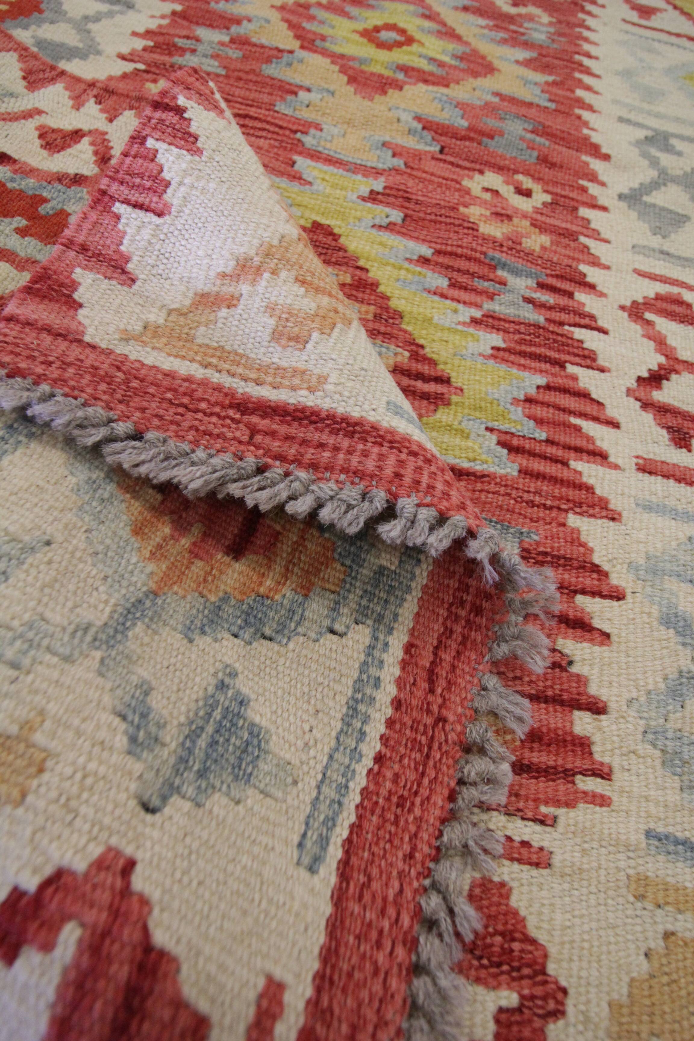 Red Afghan Kilim Rug,Small Wool Flatweave, Geometric Tribal Design Area Rug