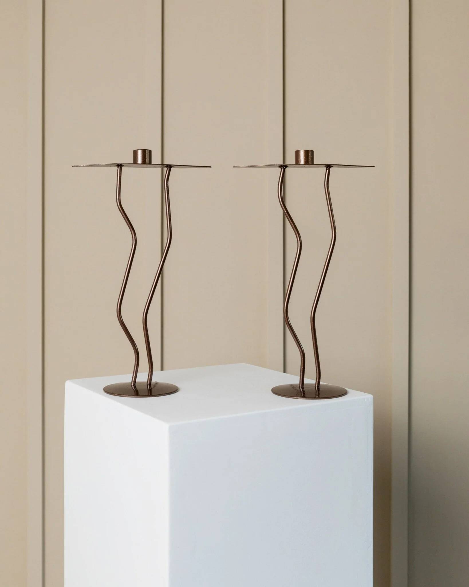 Dark Bronze Metal Candlesticks, Zigzag Postmodern Memphis Style, 2-Piece Set, Italy 1990s