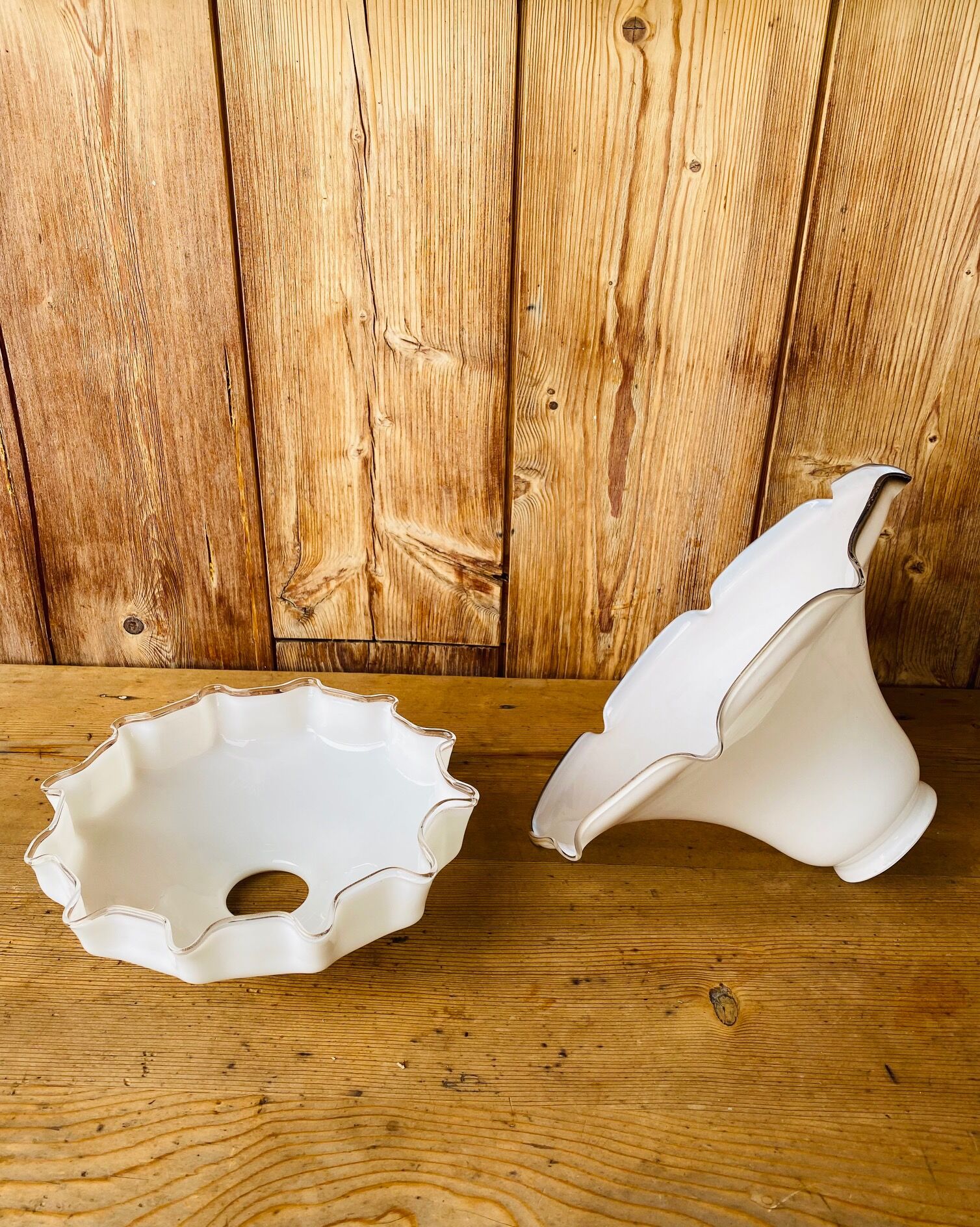 Duo of 2 suspensions in vintage white opaline.