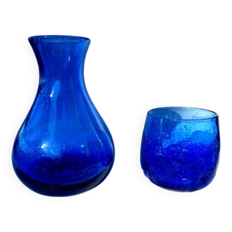 Service de nuit carafe et verre en verre soufflé bullé RIOM