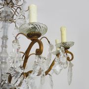 Old chandelier, suspension, old luminaire with 10 branches, brass and glass. 50s