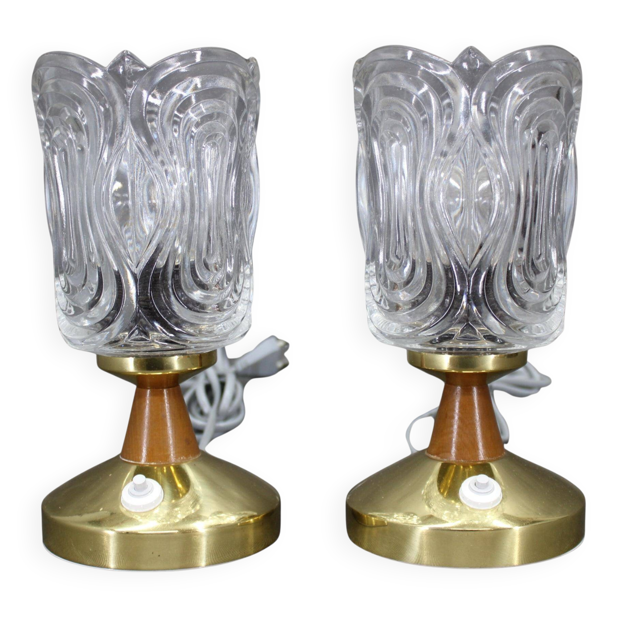 Pair of 1970s Lidokov mid-century table lamps with sculpted pressed glass shades