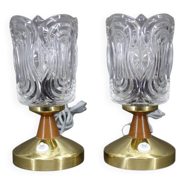 Pair of 1970s Lidokov mid-century table lamps with sculpted pressed glass shades