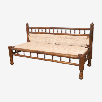 Old bench - natural burmese teak sofa and braided cotton seat & backsplash