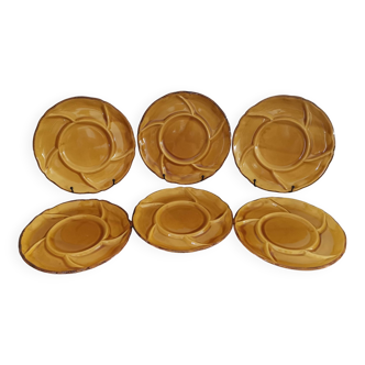 6 honey-colored earthenware compartment plates