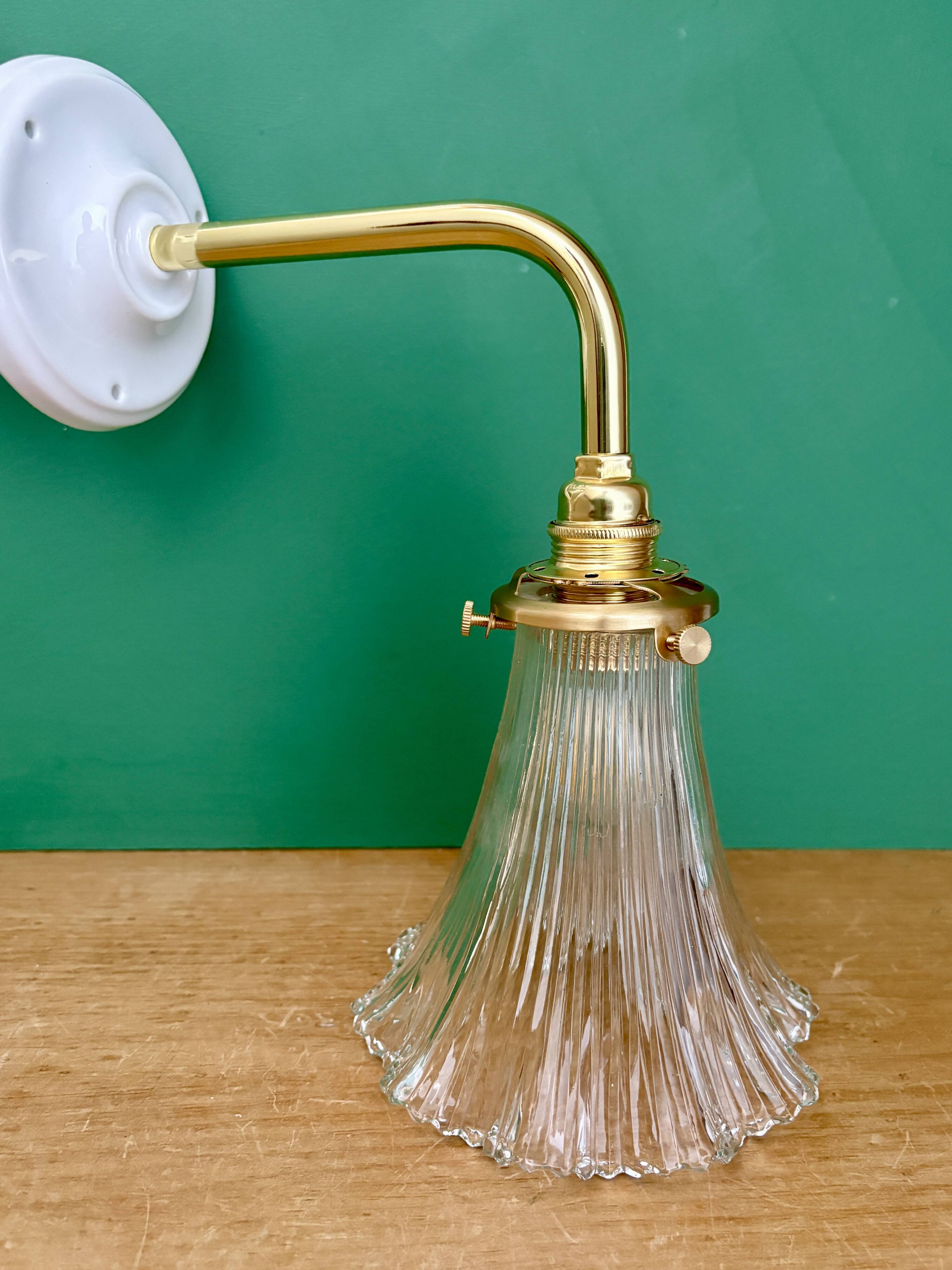 Vintage tulip angled wall light in holophane glass