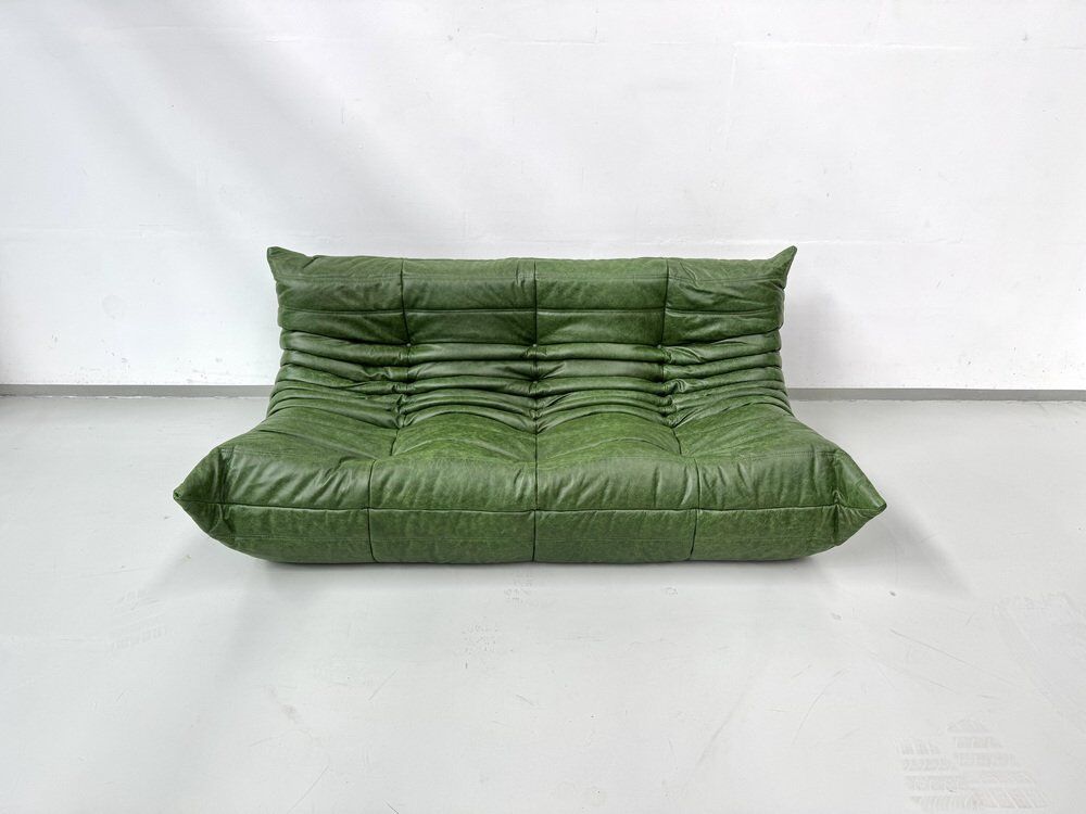 Togo 3-Sofa in Green leather attributed to Michel Ducaroy for Ligne Roset
