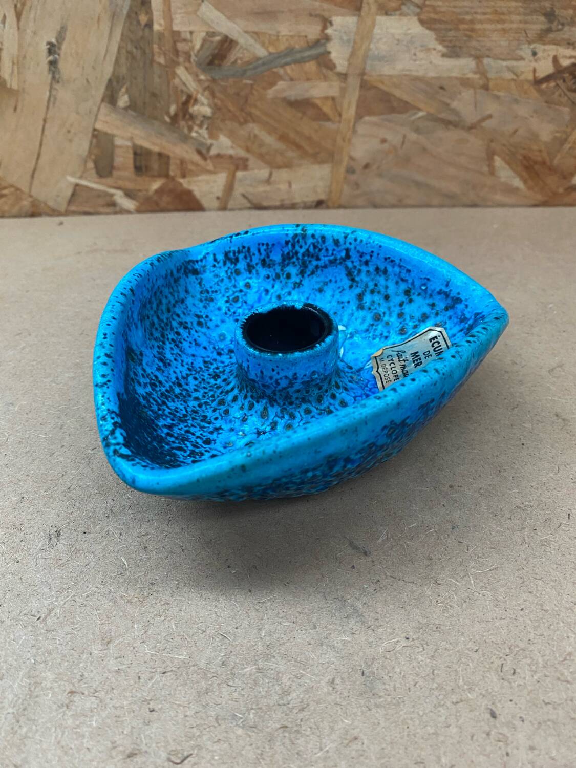 Antique cyclope candle holder ceramic fat lava turquoise blue vintage