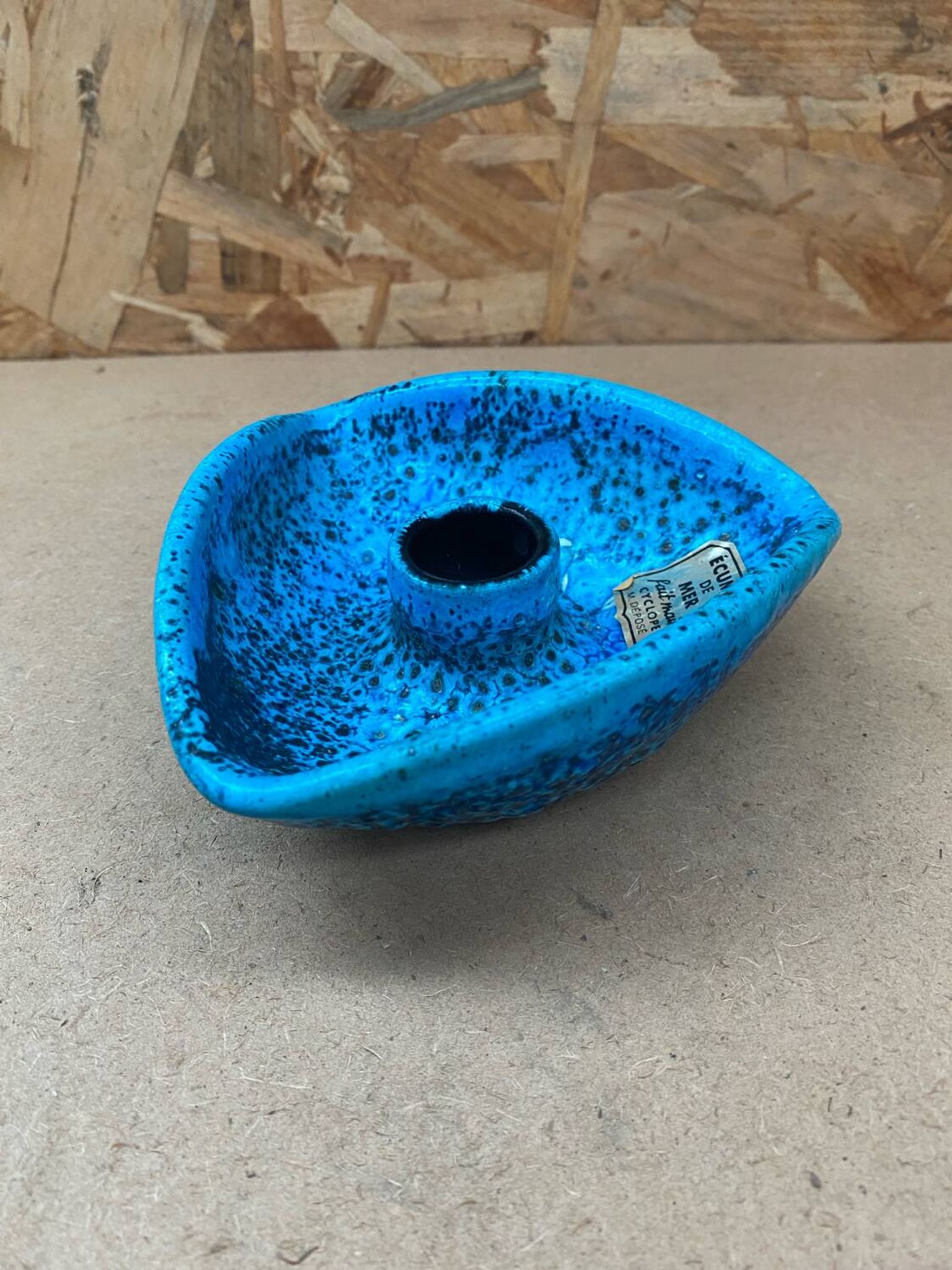 Antique cyclope candle holder ceramic fat lava turquoise blue vintage