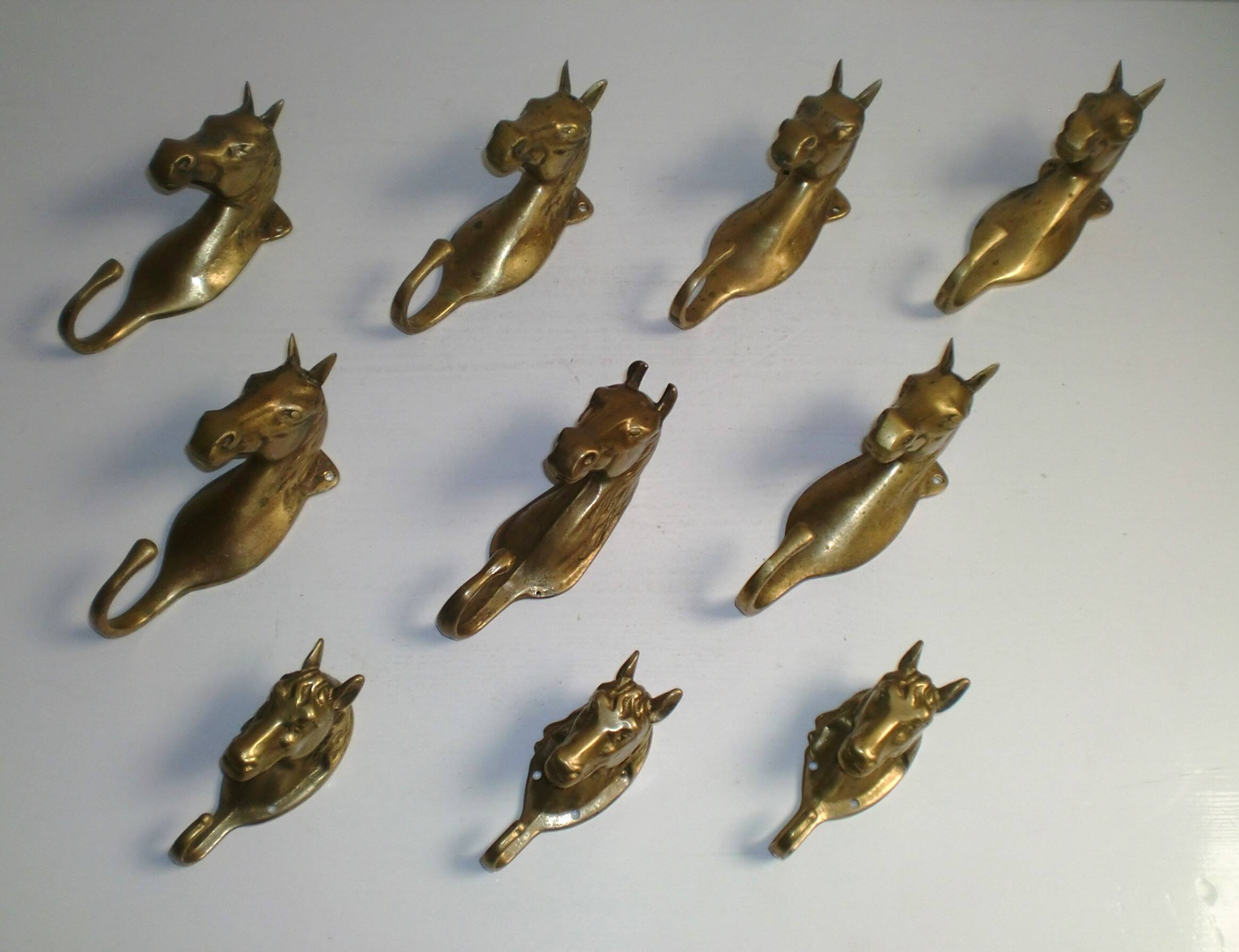 Set of 10 heavy brass horse coat rack wall hooks