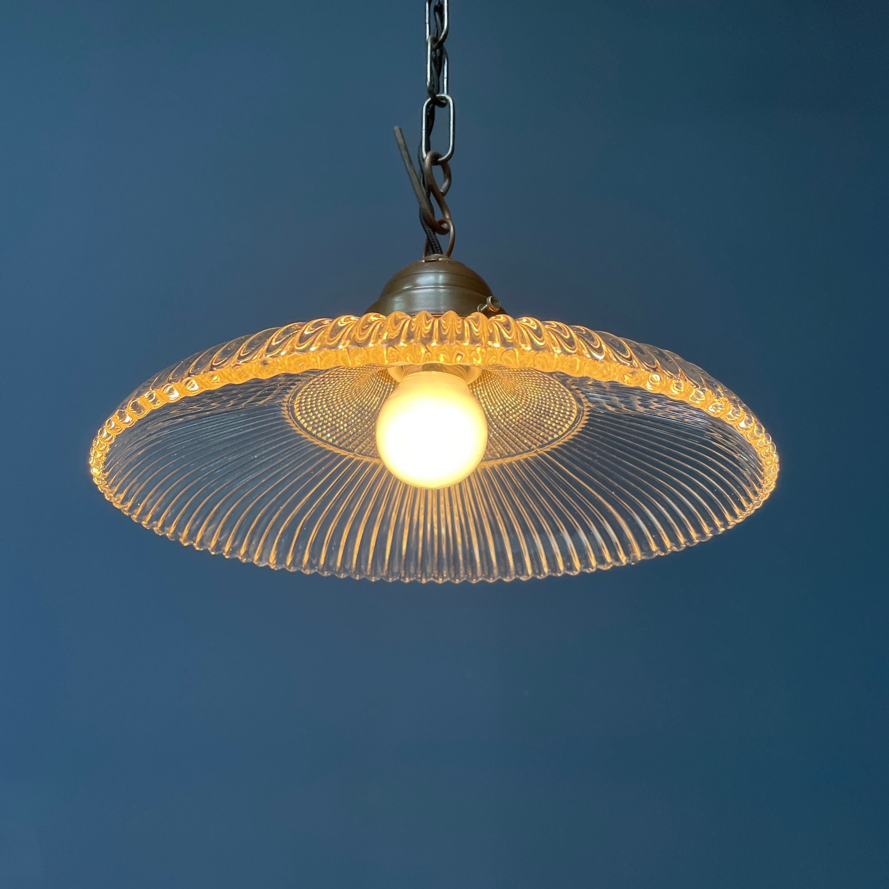 Glass holophane hangingor pendant lamp with brass gallery