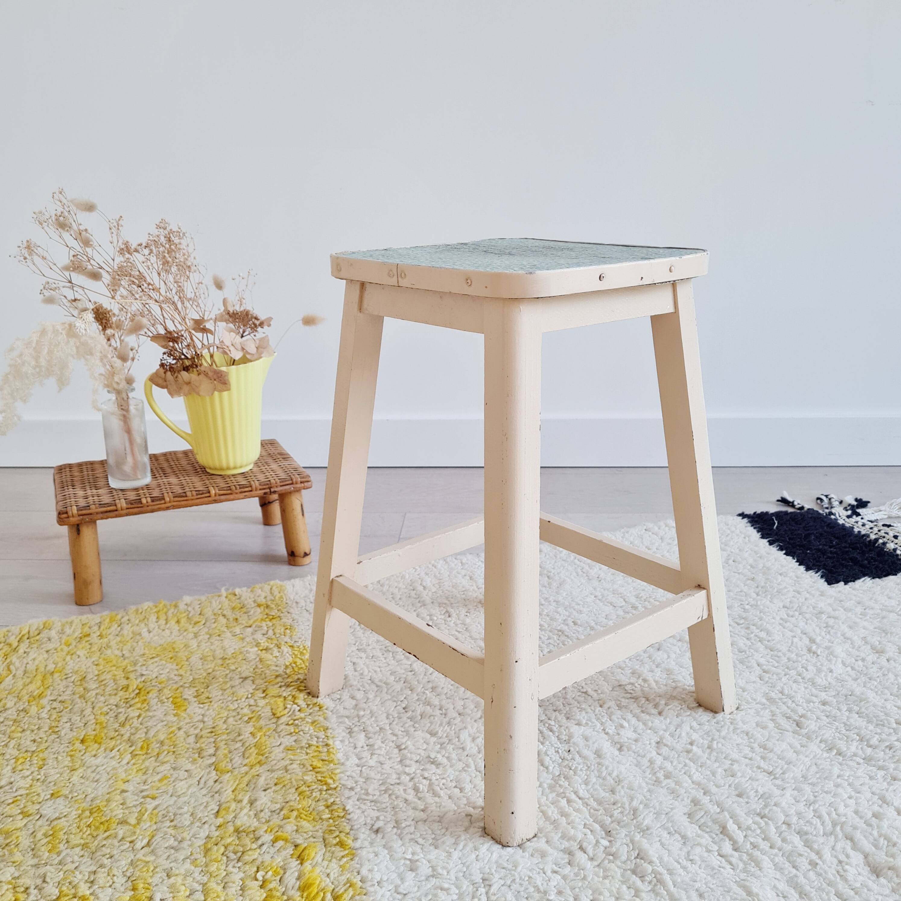 White wooden painter's stool - blue seat