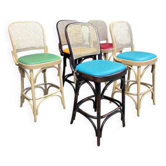Set of 5 high chairs in light wood and dark wood with canework