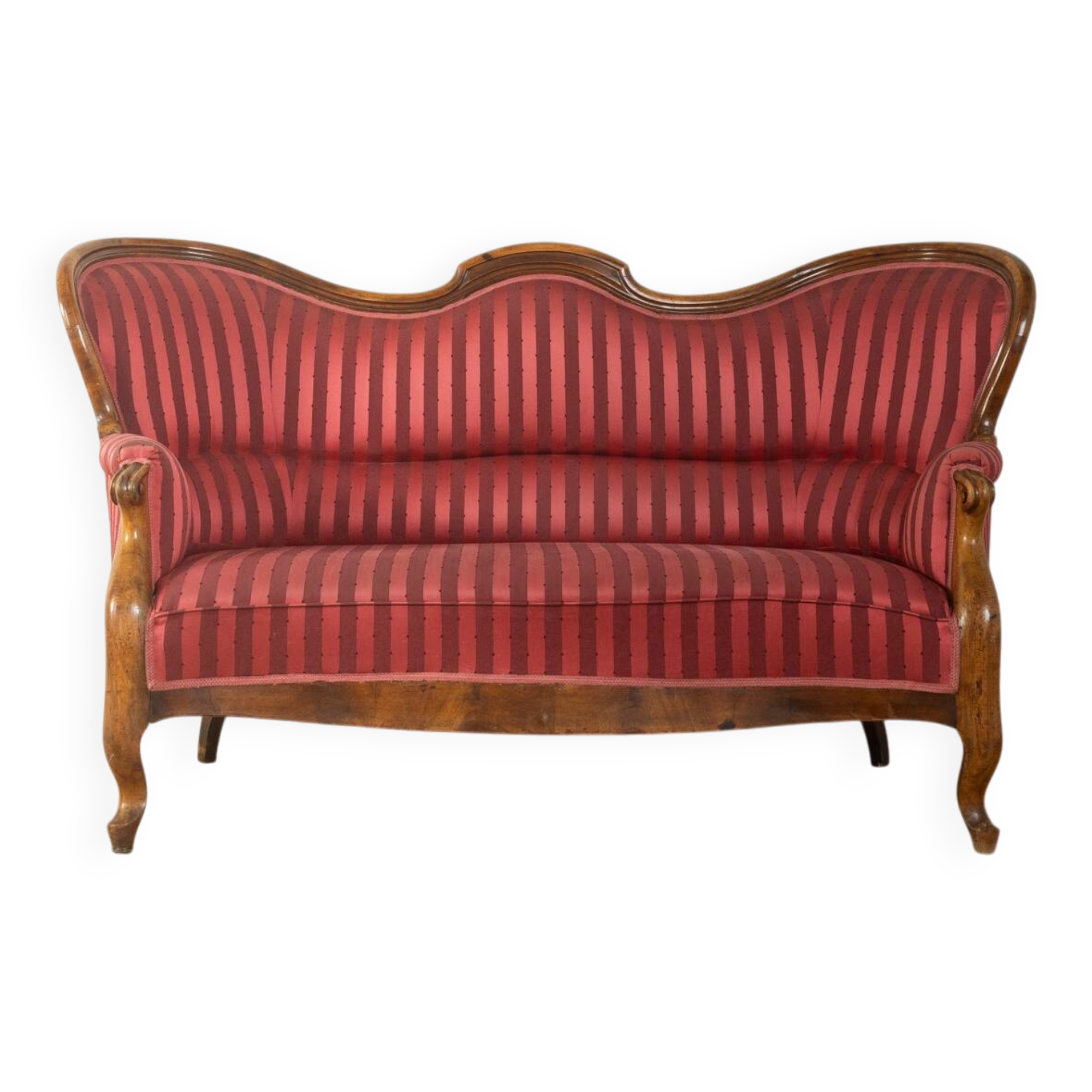 Biedermeier salon bench with raspberry red striped upholstery