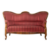 Biedermeier salon bench with raspberry red striped upholstery