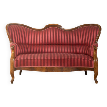 Biedermeier salon bench with raspberry red striped upholstery
