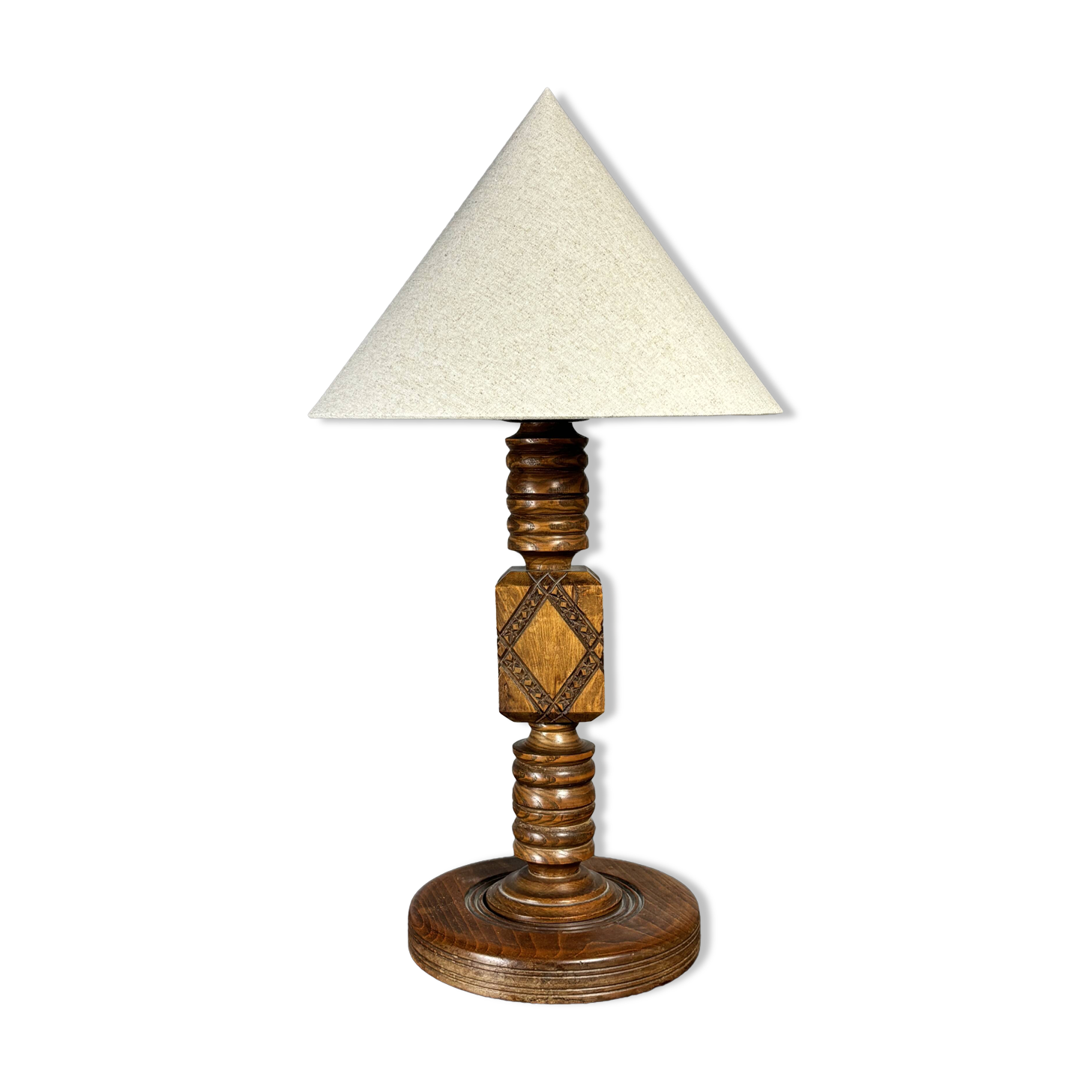 Midcentury brutalist wood turned table lamp in the style of Charles Dudouyt