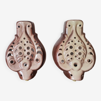 Pair Eastern European brown terracotta ceramic wall lamps, 1998