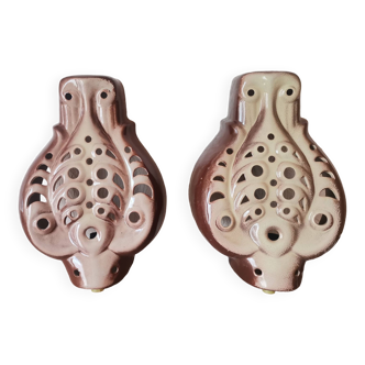 Pair Eastern European brown terracotta ceramic wall lamps, 1998